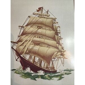 Vintage 70s Sunset Stitchery Crewel Embroidery Kit Boat Ship Nautical Large